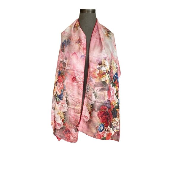 Luxury 100 Percent Silk Scarf Pink Floral Peony Print Long Shawl Wrap 68x20 New - Picture 5 of 7
